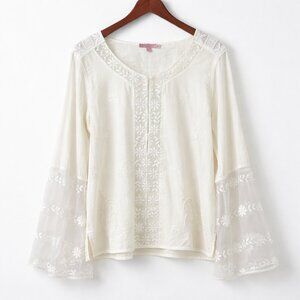 Calypso St Barth White Embroidered Sheer Bell Sleeve Peasant Blouse Tunic Top XL